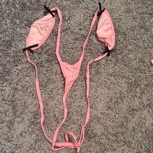 New Sexy Pink Strappy Lingerie with Black Ribbon Accents